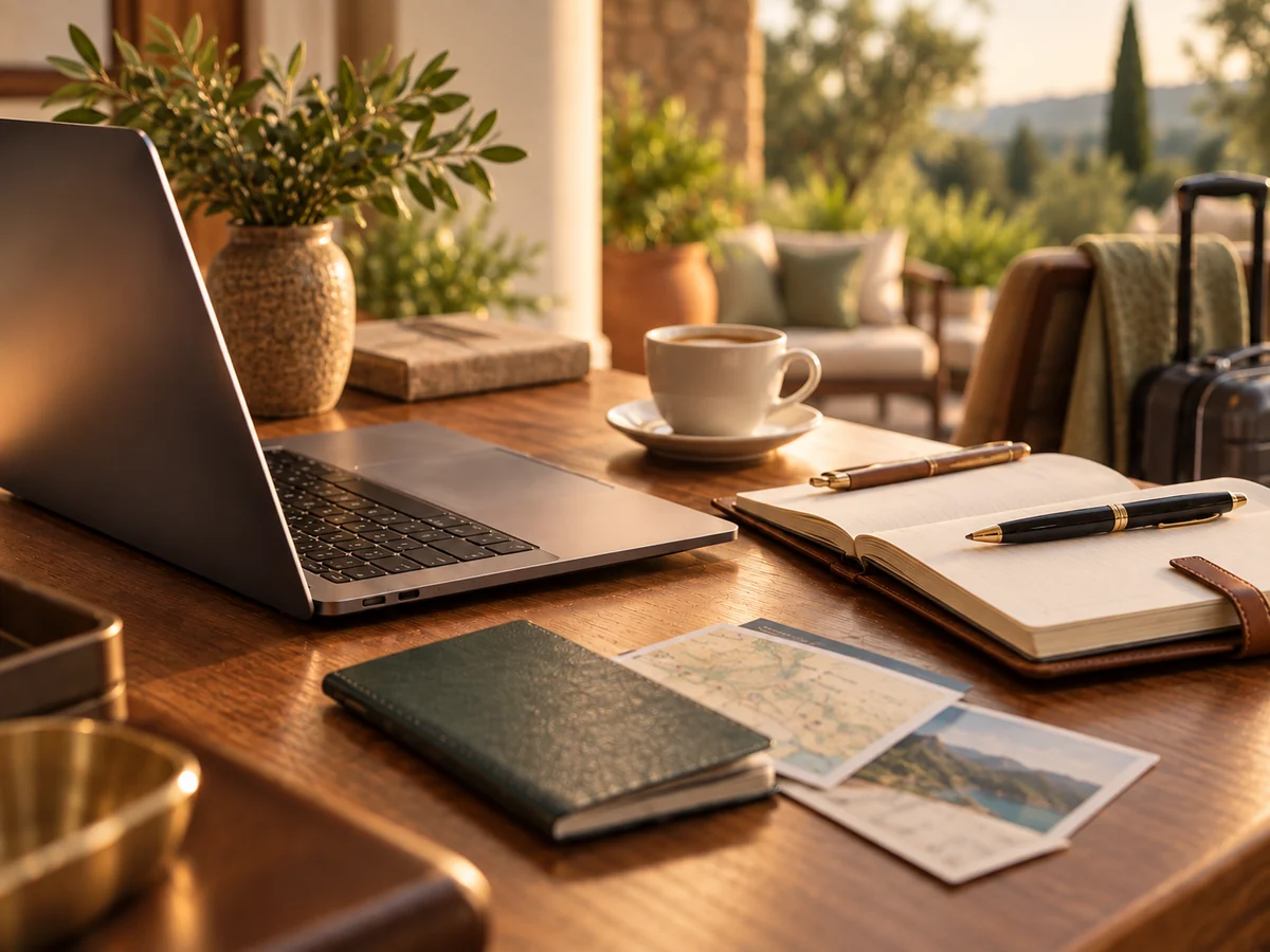 Mesa de trabalho com notebook, agenda e itens de viagem em ambiente do Sítio Hotel & Eventos